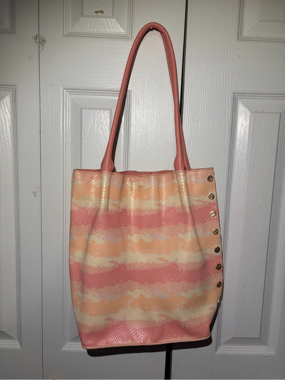Hammitt Pink & Cream Snake Skin Leather Striped Tote Bag